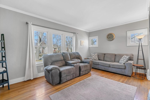 living room with hardwood / wood-style flooring, baseboards, and ornamental molding