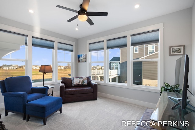 sitting room featuring carpet flooring, recessed lighting, baseboards, and ceiling fan