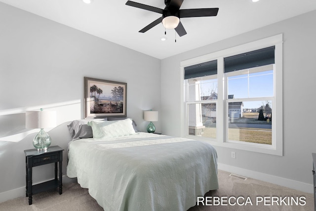 bedroom with visible vents, recessed lighting, carpet, baseboards, and ceiling fan