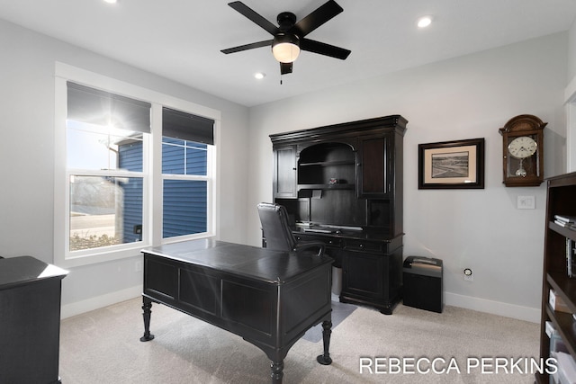 home office featuring recessed lighting, baseboards, and light carpet