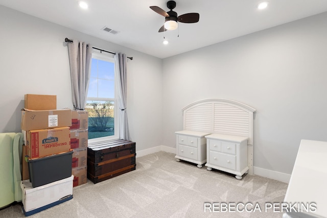 miscellaneous room with recessed lighting, visible vents, light carpet, and baseboards