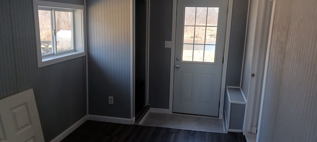 doorway featuring baseboards, a healthy amount of sunlight, and dark wood finished floors