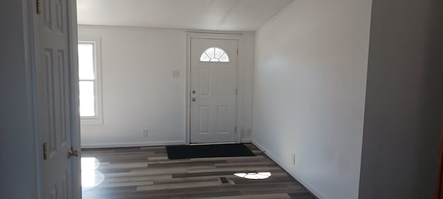 foyer with baseboards and wood finished floors