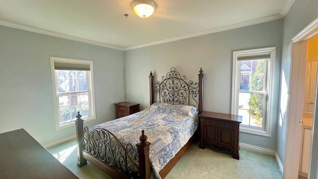 bedroom featuring baseboards, light carpet, and ornamental molding