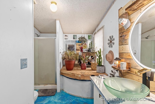 bathroom featuring vanity, a textured ceiling, and a shower stall