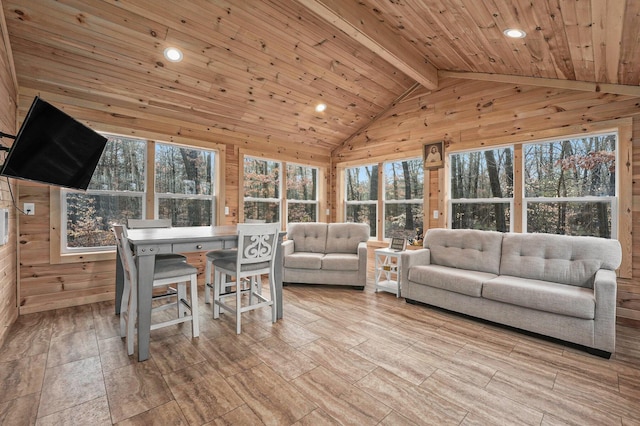 sunroom featuring a healthy amount of sunlight and beam ceiling
