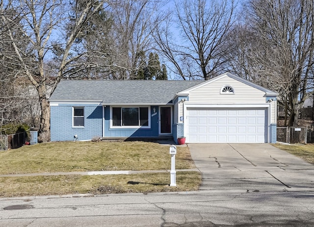 ranch-style house with brick siding, an attached garage, a front lawn, and fence