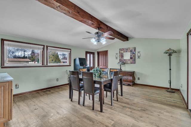 dining area with lofted ceiling with beams, baseboards, and light wood-style floors