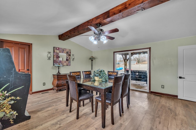 dining room with a ceiling fan, visible vents, baseboards, vaulted ceiling with beams, and light wood-type flooring