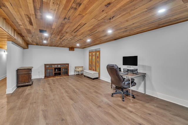 office space with wood ceiling, recessed lighting, and wood finished floors