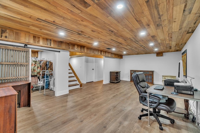 home office featuring recessed lighting, wood ceiling, baseboards, and wood finished floors