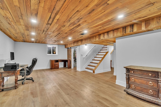 office space with recessed lighting, wood ceiling, light wood-type flooring, and baseboards