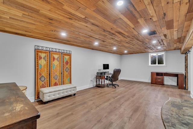 office with wood finished floors, recessed lighting, wood ceiling, and baseboards