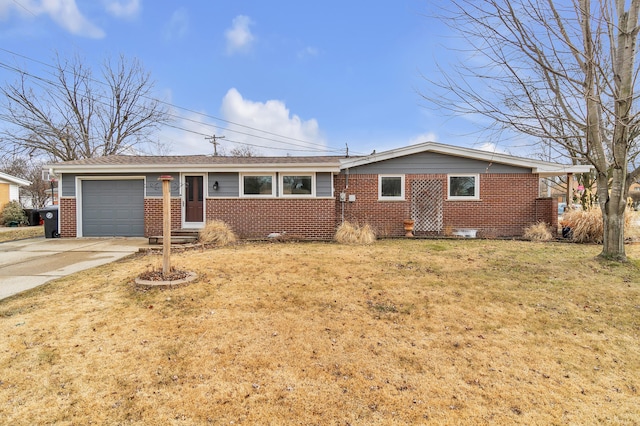 ranch-style home with a front yard, a garage, brick siding, and driveway