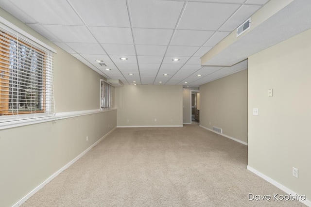 basement with recessed lighting, carpet, visible vents, and baseboards