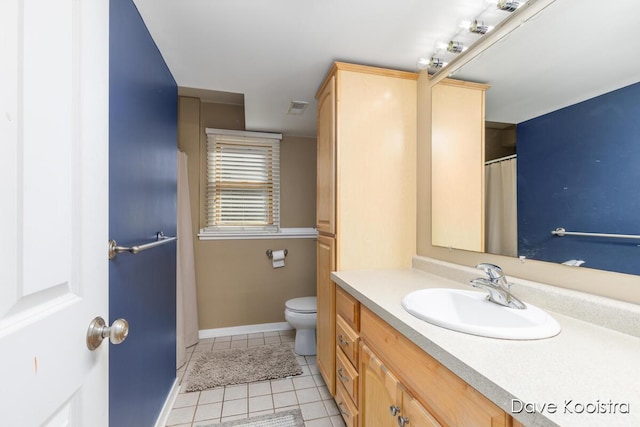 full bathroom with tile patterned flooring, visible vents, baseboards, toilet, and vanity