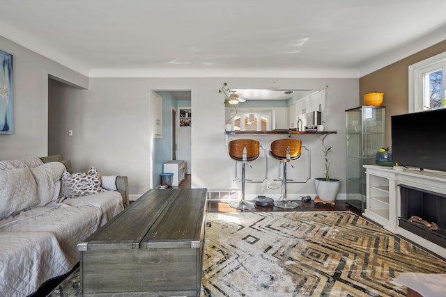 living room with a fireplace and baseboards