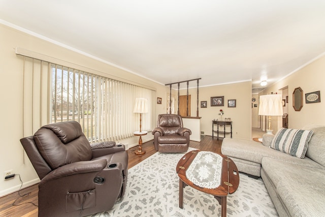 living area featuring ornamental molding and wood finished floors