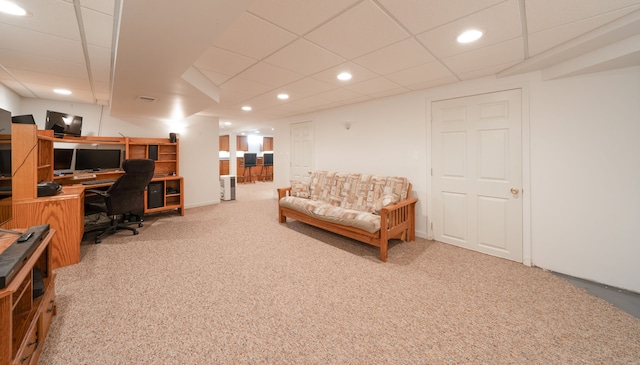 carpeted office with recessed lighting and a drop ceiling