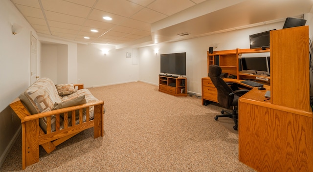 carpeted home office featuring recessed lighting, visible vents, a paneled ceiling, and baseboards