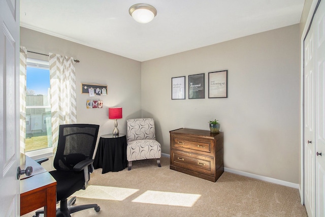 carpeted office space with baseboards