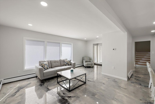 living area featuring a baseboard heating unit, stairway, recessed lighting, and baseboards