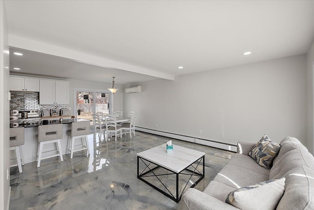 living area with recessed lighting, a baseboard radiator, concrete floors, and a wall mounted AC