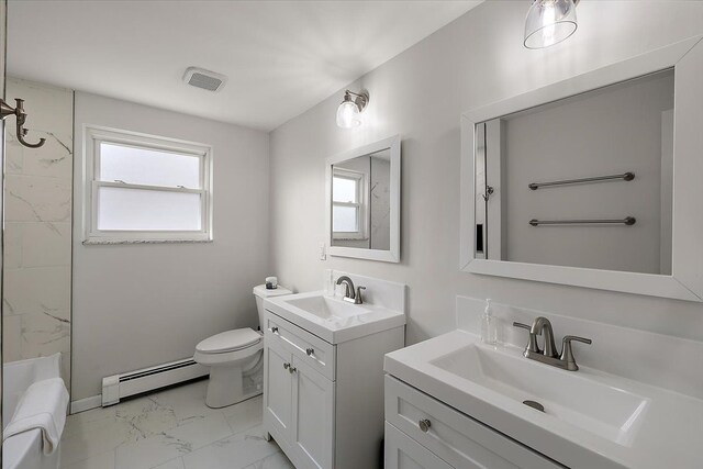 full bath featuring a sink, marble finish floor, toilet, and a baseboard radiator