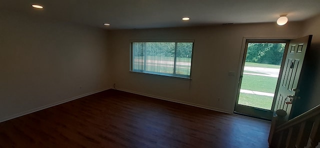 entrance foyer with baseboards, plenty of natural light, and dark wood-style flooring