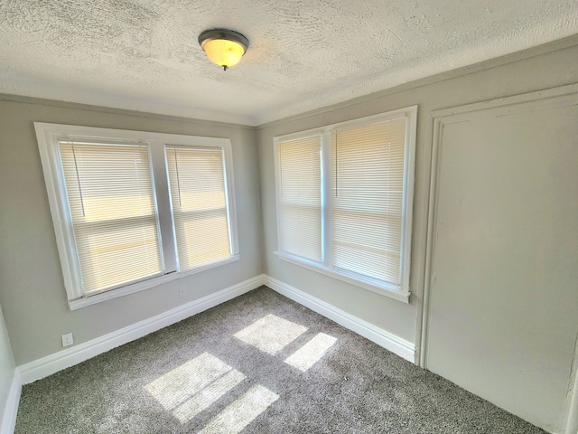 carpeted spare room featuring baseboards and a textured ceiling