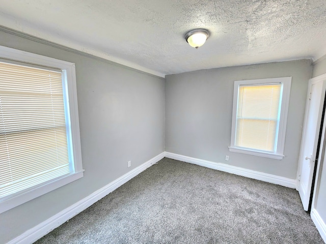 empty room with carpet flooring, a healthy amount of sunlight, baseboards, and a textured ceiling