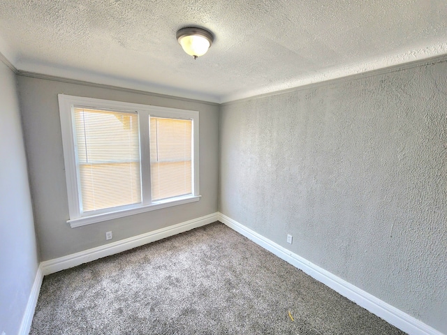 unfurnished room featuring carpet, baseboards, a textured wall, and a textured ceiling