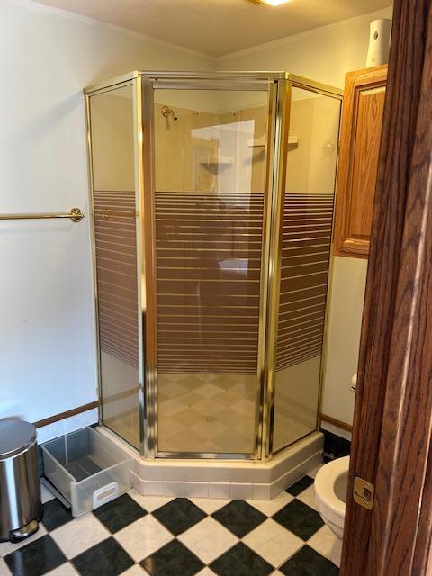 bathroom featuring tile patterned floors, toilet, and a stall shower