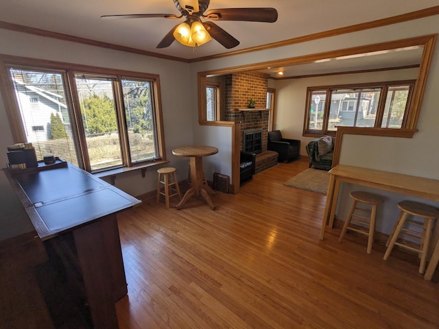 interior space with light wood-type flooring, a healthy amount of sunlight, a fireplace, and crown molding