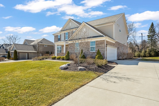 view of front of home featuring brick siding, a garage, concrete driveway, and a front yard