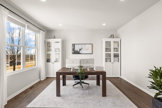 office with recessed lighting, visible vents, baseboards, and dark wood-style flooring