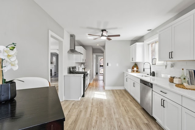 kitchen featuring tasteful backsplash, a sink, appliances with stainless steel finishes, wall chimney exhaust hood, and light wood-type flooring