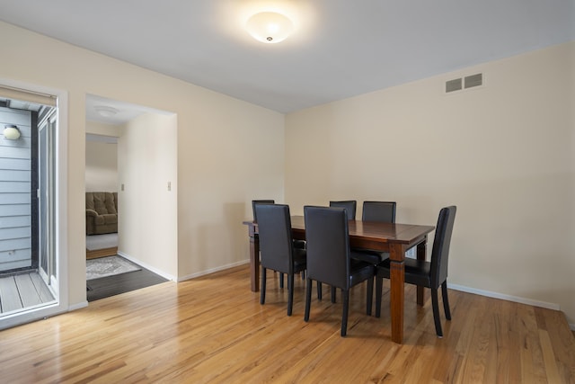 dining room featuring visible vents, baseboards, and light wood-style floors