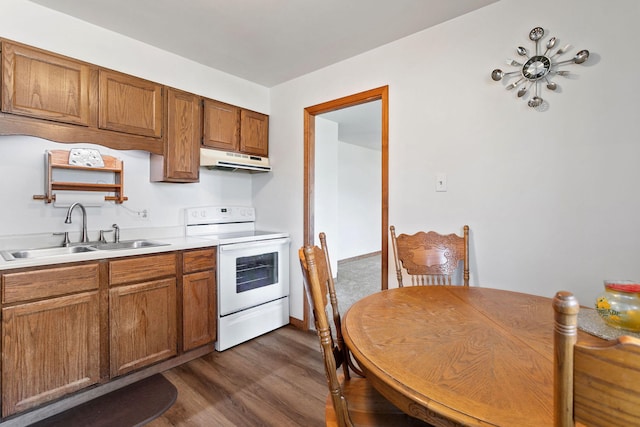 kitchen featuring under cabinet range hood, brown cabinets, dark wood-style floors, electric range, and a sink