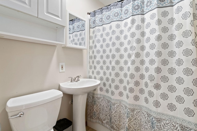 full bath featuring a shower with shower curtain, toilet, and a sink