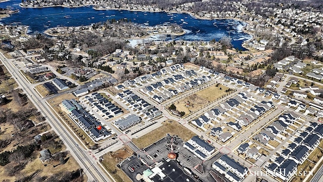 drone / aerial view featuring a water view