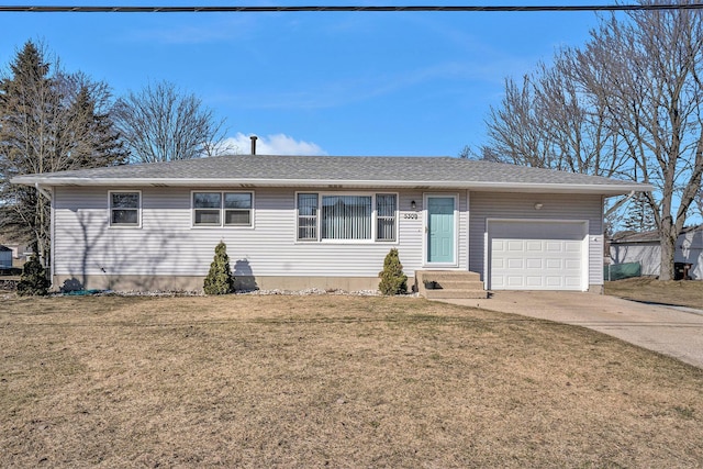 ranch-style house with a front yard, an attached garage, driveway, and roof with shingles