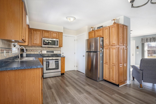 kitchen featuring a sink, dark countertops, wood finished floors, appliances with stainless steel finishes, and decorative backsplash