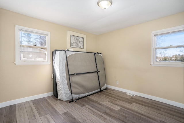 interior space with multiple windows, wood finished floors, and baseboards