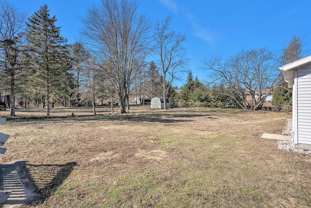 view of yard featuring an outbuilding, a storage unit, and fence