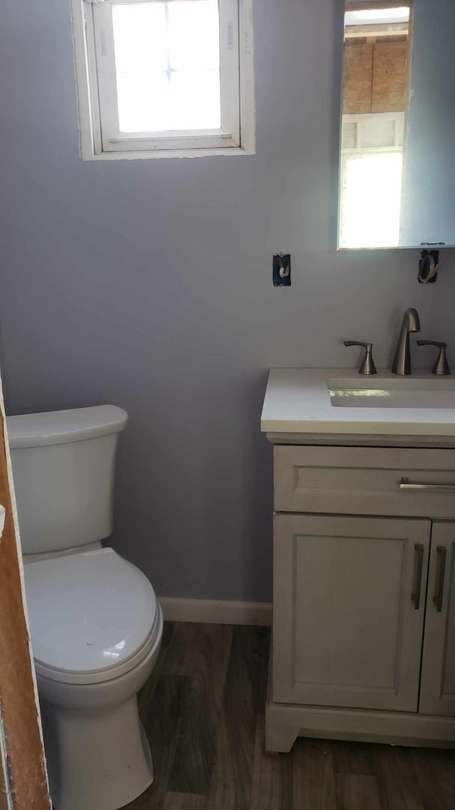 half bath with toilet, plenty of natural light, and vanity