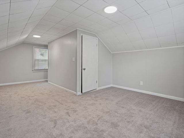 additional living space with baseboards, carpet, and vaulted ceiling