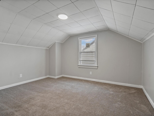 additional living space featuring baseboards, carpet flooring, and vaulted ceiling