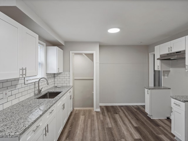 kitchen featuring light stone counters, a sink, dark wood-type flooring, white cabinets, and under cabinet range hood