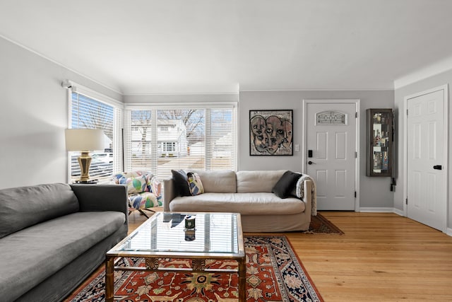 living room with baseboards and light wood-style floors